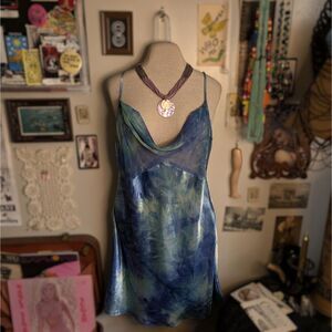 Vintage Satin Tie Dye Slip Dress Women's Medium Blue